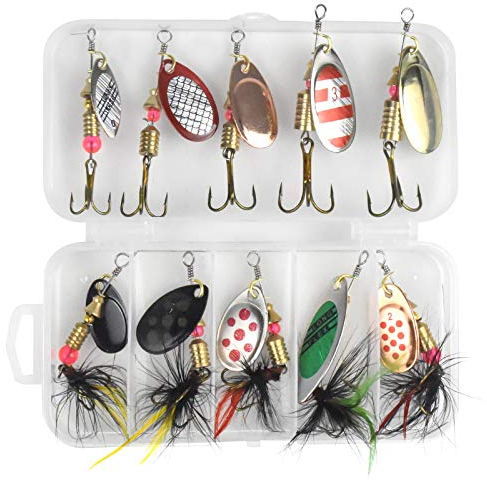 Chstarina 10 Pièces Kit de Leurre de Pêche Spinnerbaits Cuillère à Pêche Tournante Métallique Kit d'appâts de Pêche Portable avec Boîte pour Eau de Mer d'eau Douce Pêche Leurre 3-7.4 g