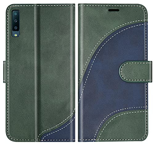 BoxTii Hülle für Galaxy A7 2018, Leder Handyhülle für Samsung Galaxy A7 2018, Ledertasche Klapphülle Schutzhülle mit Kartenfächer und Magnetverschluss, Grün