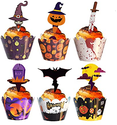 Ancuioyz 48 Stück Halloween Cupcake Dekoration Kürbis Spinne Schädel Zauberer Muffin Halloween Cupcake Dekoration Halloween Zahnstocher Flagge Halloween Cupcake Dekoration Handarbeit DIY, Mehrfarbig