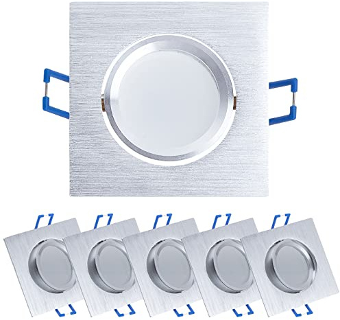 HCFEI LED Einbaustrahler 5W | 425lm | Dimmbar | Extra flach, 30mm Einbautiefe | Ø68mm Bohrlochdurchmesser | Spot Wohnzimmer | Einbauleuchte Silber gebürstet Eckig | 230V | Warmweiß (6er Pack)