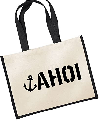 Huuraa Jutetasche Ahoi Anker Seemannsgruß Geschenk 21 Liter Black Jute und Baumwolle Einkaufstasche Ahoi Anker Geschenkidee