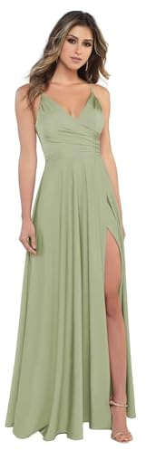 Sincemeet Damen V-Ausschnitt Spaghettiträger Satin Brautjungfernkleider formeller Satin Abschlussball Abendkleider mit Schlitz