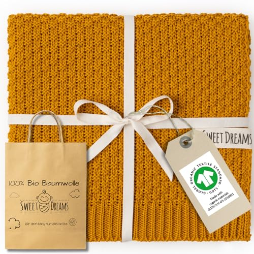 Mikos Babydecke GOTS 100% Bio Baumwolle - Weiche Strick Kuscheldecke Baumwolle - Warme Baumwolldecke für Neugeborene - Perfekt für Baby Erstausstattung - Vielseitige Baby Winterdecke (1043 Senf)