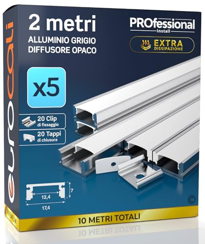 Eurocali Profilo in Alluminio per Strisce LED Piatto - Pacco da 5 profili da 2m (Totale 10m) - Copertura opaca