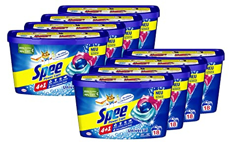 Spee Power Caps Universal 4 + 1, 144 WL (8 x 18 Waschladungen), Vollwaschmittel für helle und weiße Wäsche, vordosiertes Waschmittel vereint Reinheit, Strahlkraft, Frische & Nachhaltigkeit