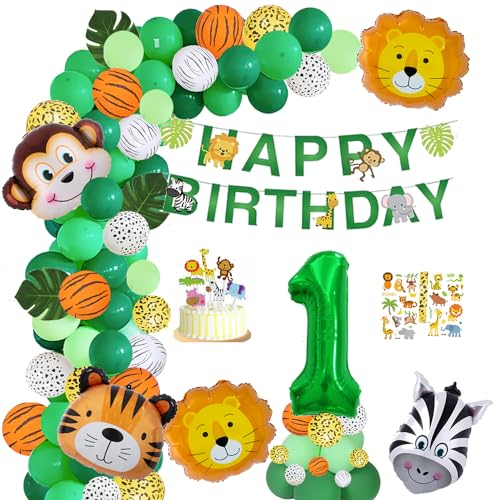 Ballonbogen-Set mit Dschungel-Thema für 1 Jahre altes Baby Junge Mädchen, grüne Happy Birthday Banner Luftballons Girlande, Safari-Dekorationen, 105 Stück Wild Jungle Thema Party Supply Tier Ballon