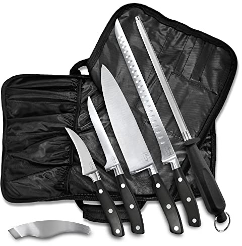 Iberico Ham Set with Ham Carving, Boning and Peeling Knives, Knife Steel and Jamon Serrano Tongs – Full Tang Slicing Set for Meat Cutting – Chef Set with Roll Bag