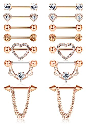 Kakonia 7Paar Nippelringe Nipplerings Nippelpiercing Für Frauen Edelstahl Rosegold CZ Barbell Blume Ringe Brustwarzenpiercing Piercingschmuck Set