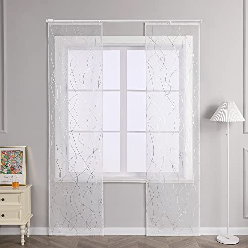 Joyswahl Schiebegardinen Voile Transparente Wellenmuster Schiebevorhang Gardinen mit Klettband Vorhang BxH 57x145cm Silber 2 Stück