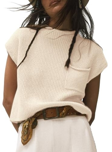 Himosyber Women's Solid Sleeveless Vest Mock Neck Cap Sleeve Knitwear Sweater Tops (Apricot-M)