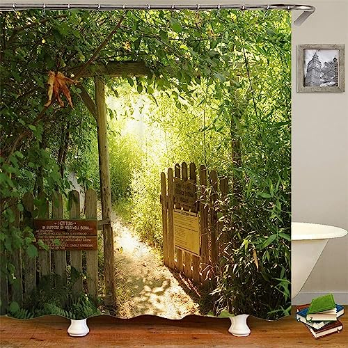 JIANGLANY Green Bamboo Forest Shower Curtain with Hooks Spring Scenery of Open Wooden Fence Walkway to Garden Bath Decor Cloth Bathroom Accessories Set 200x200cm (1)