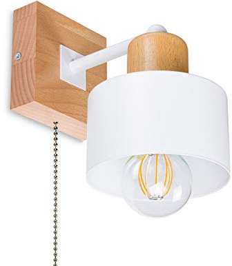 alfalux Wandleuchte Innen Wandlampe Mit Schnur-Zugschalter LED Lampe Aus Holz Für Wohnzimmer Schlafzimmer Kinderzimmer Treppenhaus Wandlampen Wandleuchten SHWAND-WE10x10BU Weiß