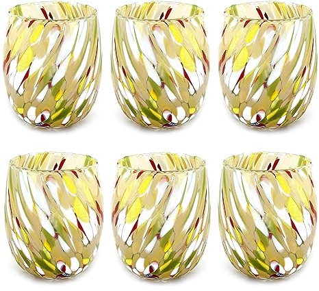 MAZZEGA ART & DESIGN – 6 Bicchieri Acqua Big Colombina in Vetro Soffiati e Lavorati a Mano con Murrine di Murano, linea “I Colori di Murano” 435 ml. Made in Italy (GIALLO, 6)