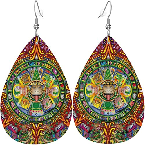 Damen-Ohrringe aus Leder mit Maya-Kalender, baumelnde Ohrringe für Mädchen