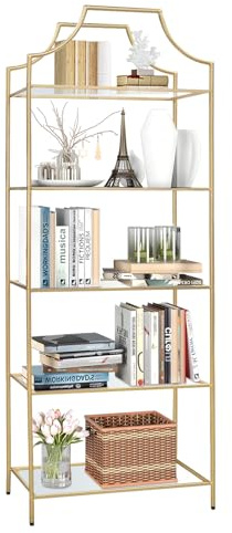 GIFTTROVE 5 Tier Bookshelf, Metal Book Shelf for Storage, Tall Storage Display Bookcase, Modern Open Book Case for Bedroom, Living Room, Glass Office Organization Shelf, 66.3 X 26 X 13