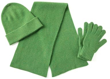 Unisex 3-teiliges Set aus Kaschmirwolle, Schal, Mütze, Handschuhe, weiche gerippte Manschetten, Beaniehandschuhe, Schals Set für Damen und Herren mit Geschenk-Box, Grün , Einheitsgröße