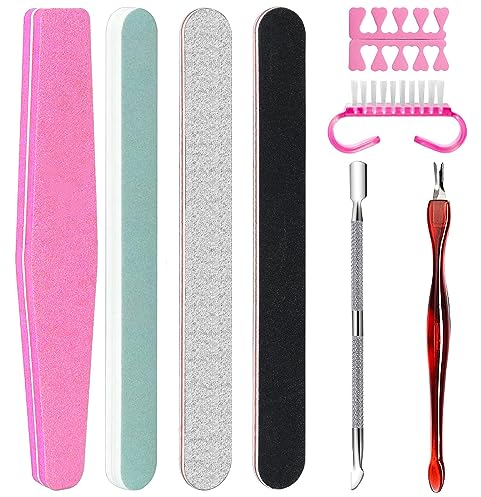 Jinpojun 8pz Kit Lime per Unghie,Lima Unghie Semipermanente,Lime per Unghie Professional,con 2 Spingi Cuticole Raschietto,1 Spazzole per Unghie,2 Divisori Per Dita In Cotone,per Uso Domestico e Salone