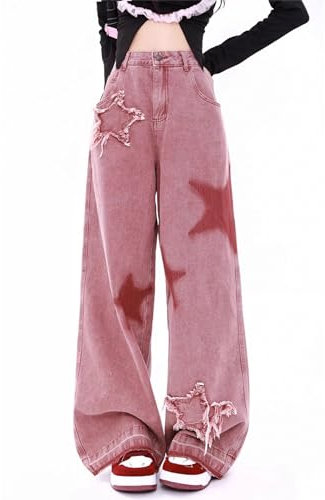 Kisswow Jean Y2k Star Taille Haute - Pantalon Cargo pour Femme - Pantalon Étoile Mignon, Pentagramme 15 Rose, Taille XL