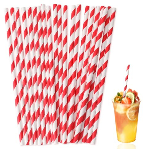 100 Pcs Strohhalme Papier, Einweg Plastikfrei Biologisch Abbaubare Trinkhalme Mit Roten Streifen für Weihnachten, Feier, Parteien, Camping