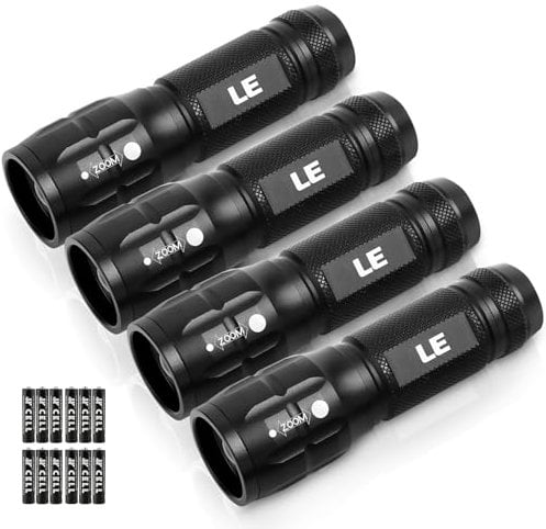 Lighting EVER Lepro Lampe Torche L8000 Puissante, Lampe de Poche Zoomable Étanche IPX4, 3 AAA Piles Compris, LED Militaire en Aluminium pour Camping, Randonnée, Urgences, Lot de 4