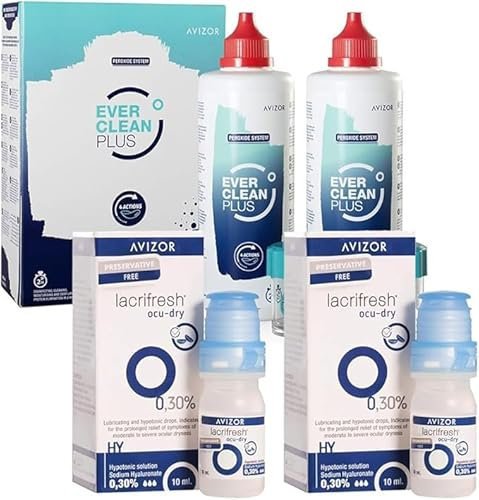 EverClean Plus 2x350ml con 90 Comprimidos + Lacrifresh Ocu-Dry 0.30% 2x10ml. Solución Desinfectante y Gotas Hidratantes para Todo Tipo de Lentes de Contacto - Pack Cuidado Ocular Completo