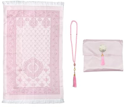 Hitopin Muslimischer Gebetsteppich mit Perlen, Muslimischer Gebetsteppich mit Eleganter Stoff-Tasche, Gebet Teppich Matte, Islamische Gebetsmatte, für Geschenke, Ramadan, Gebet (Rosa)