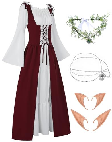 Renaissance Kostüm Gothic Kleidung Damen Mittelalter Renaissance Kleid Vintage Kleider Karneval Kostüm Piraten Cosplay Outfit mit Kopf Kette Blumenkranz Elfenohren Kniehohe Strümpfe FR059S