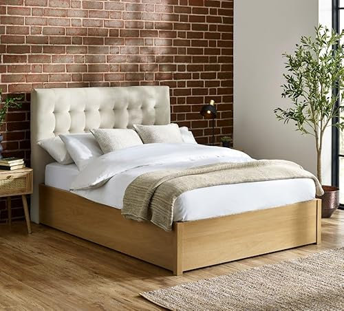 happybeds Ottoman Bed, Jackson Velvet and Wooden Ottoman Storage Bed (Oak and Natural, 4FT6 - Frame Only)