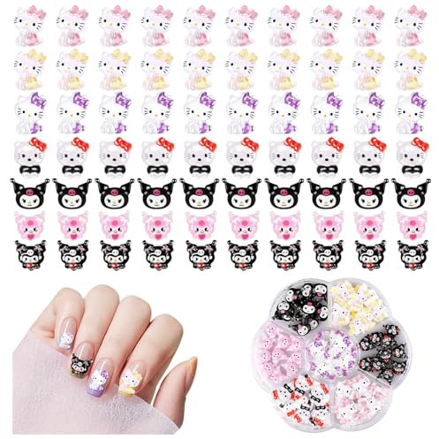Nail Charms, 70 Pcs 3D Nail Charms 7 Styles KT Cartoon Little Cat Nail Charms Decorations DIY Nail Art Decorations Supplies Jewelry Phone Cases Multi Use Nail Charms Home Cute Nail DIY Accessories