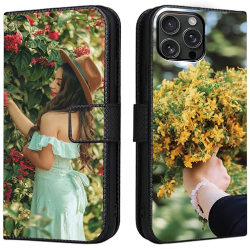 CAXKJE Lederhülle für iPhone 16 Pro Max Personalisierte Handy Hülle,mit Eigenem Foto Bild Text Individuelle Schutzhülle,Leder Flip Case Schutzhülle Stoßfest Hülle -SAMHD-Black