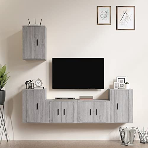 IKAYAA 5-TLG Wohnwand Wohnzimmer Hängend Wohnwand Modern Wohnzimmer Schrankwand Wohnzimmer Möbel TV Board Hängend TV Lowboard Hängend Grau Sonoma Type-33