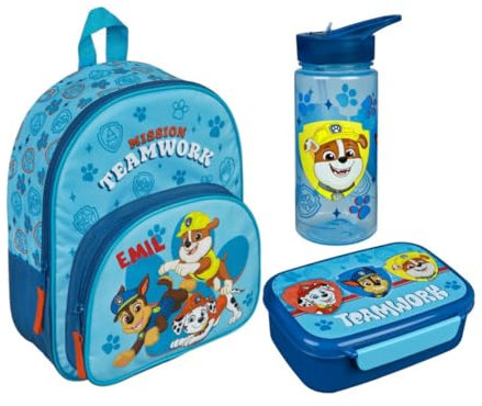 Kindergartenrucksack Paw Patrol Jungen mit Brotzeitdose Trinkflasche - Personalisiert mit Name - Set Kinderrucksack mit Brotdose Trinkbecher