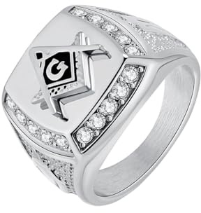 OAKKY Herren Edelstahl Masonic Freimaurer Ring mit Strass Kristall Biker Symbol Mitglied Band, Silber Größe 57 (18.1)