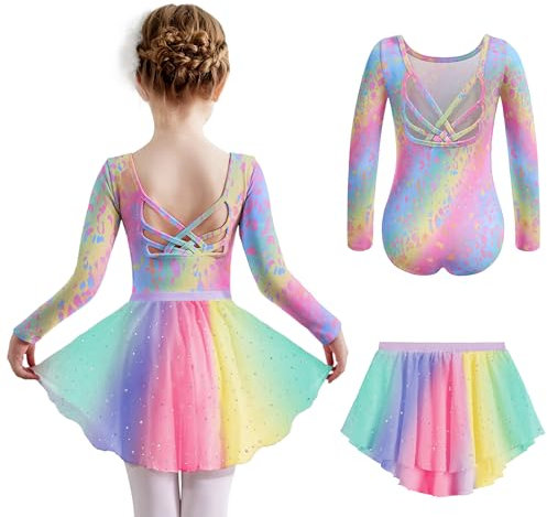 Arshiner Mädchen Ballettkleid Regenbogen Langarm Baumwolle Ballettkleidung Tanzkleid Rückenfrei Balletttrikot Kinder Ballett Trikot mit Tütü Ballettanzug Tanztrikot 140/5-6 Jahre