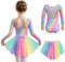 Arshiner Mädchen Ballettkleid Regenbogen Langarm Baumwolle Ballettkleidung Tanzkleid Rückenfrei Balletttrikot Kinder Ballett Trikot mit Tütü Ballettanzug Tanztrikot 140/5-6 Jahre