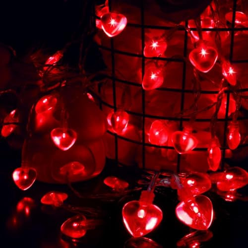 LED Herzförmige Lichterkette, 3 Meter LED Lichterkette Herzen Rot mit 20 Rote Herzen Glühbirnen, Lichterkette Rot Valentinstag Deko für Valentinstag Jahrestag Hochzeit Romantische Nacht Dekoration (A)