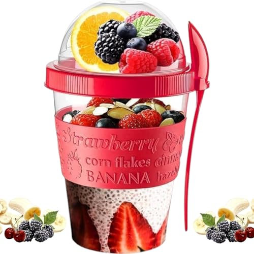 Pro Home Pot à yaourt avec cuillère - 600 ml - Sans BPA - Réutilisable - Passe au lave-vaisselle - Avec couvercles - Pour céréales - Pour la nuit - Rouge
