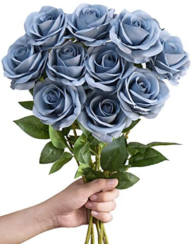 LEUCHTAMOR 10Pcs Artificial Roses Fake Silk Flowers Grey Blue Realistic Bouquet for DIY Craft Flowers for Wedding Bridal Bouquets Arrangements Party Home Decorations