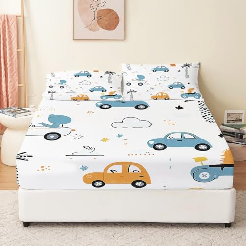 Spannbettlaken Einfaches Cartoon-Auto Mikrofaser Bettlaken 30 cm Extra Tiefe Taschen Laken Spannbetttuch Atmungsaktiv 90 x 190 cm Maschinenwaschbar Anti-Rutsch-Spannbettlaken Bunt