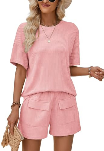 Rayson Ensemble Femme Ete 2 pièces Décontractée Ensemble Femme Pantalon Courte et Haut à Col Rond Survêtement Elegant(Rose,S)