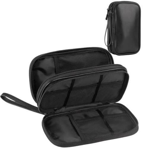 Arae Leather Travel Essentials Electronic Organizer - Double Layer, Waterproof Case for Cables, Chargers & More - Portable, Shockproof Pouch for All Electronics Accessories (Leather Black, M)