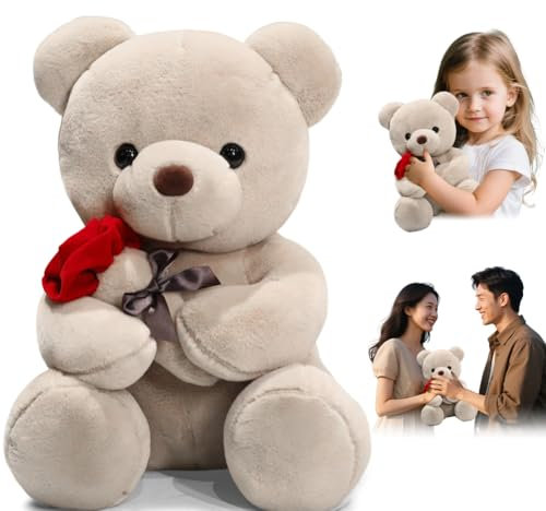 Teddybär, 23 cm Teddy mit Rose, Plüsch-Bär, Plüschtier Kuscheltier Schmusetier, Teddybären Rose Stofftier Spielzeug Dekozimmer Kissen, Geschenke für Mama, Kinder Mädchen, Geburtstag, Valentinstag