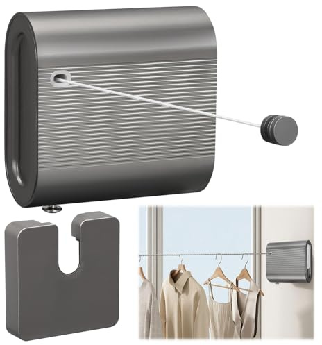 Qivine 4,2M Wäscheleine Ausziehbar Wand, Wandmontage Wäschetrockner Balkon Nicht Durchhängende, Tragbar Ausziehbare Wäscheleine mit Edelstahlseil, für Hotel Waschküche Badezimmer (Grau)