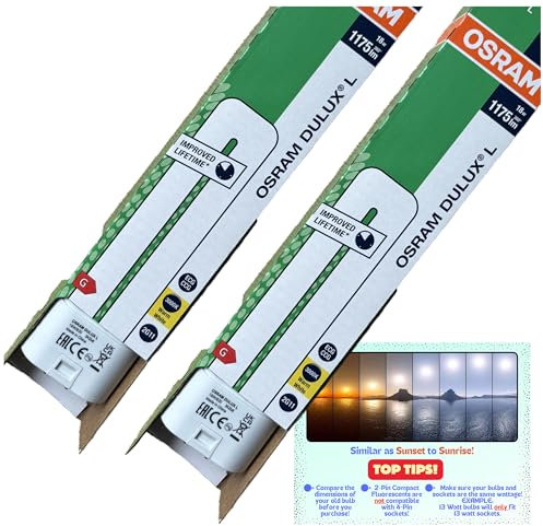 18W 2G11 4 Pin Light Bulbs Bundle with Osram Dulux L 18W/830 Warm White, Low Energy Compact Fluorescent Lamp, Pack of 2, with Colour Temperature Info Card.