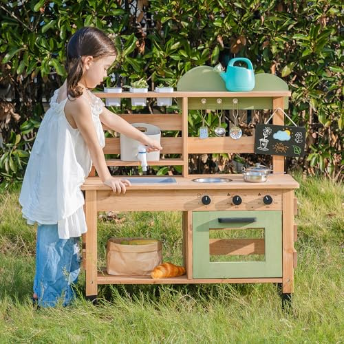 ROBOTIME Mud Kitchen, Outdoor Play Kitchen for Kids – Wooden Mud Kitchen Pretend Playset with Removable Sink & Chalkboard, Cooking Accessories, Gift for Boys Girls Ages 3+