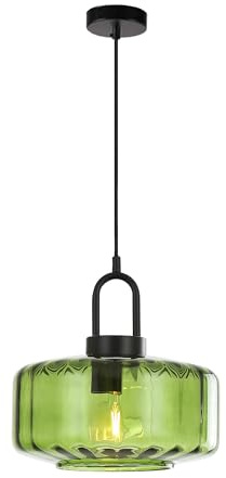 Hnexsei Suspension Moderne en Verre Ambré avec Douille E27, Luminaire Plafonnier Noir Mat pour Cuisine, Salle à Manger (Vert)