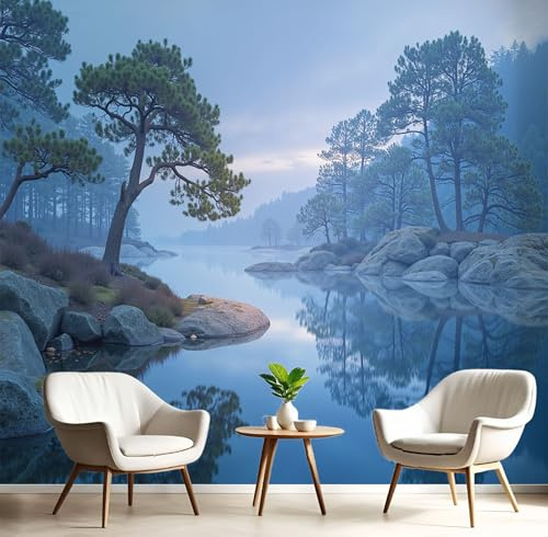 Vlies Fototapete See Im Nebel 3D Effekt 200×140cm(W×H) Foto Tapete Schlafzimmer Wohnzimmer Moderne Vliestapete XL Wandtapete Motivtapeten 3d Natur Wald Dekoration Blau