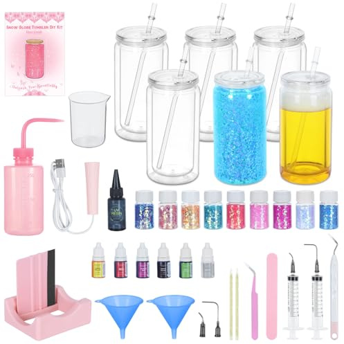 6 Pack 16 Oz Acrylic Snow Globe Tumbler Supplies Starter Kit, Double Wall Plastic Pre-Drilled Snowglobe Tumbler Cup Tool Set, Including Squeeze Bottle Cup Cradle and Scraper etc.