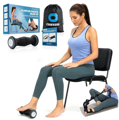 comness Plantarfasziitis Relief Kit - Fußdehner und Fußmassagegerät Roller, Stretch- und Rollroutine für Fersenschmerzen, Fußgewölbeschmerzen, einfache tägliche Fußpflege zu Hause
