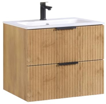 Kometmöbel Waschbecken mit Unterschrank 60cm Waschtisch Eiche gerillt 2 Soft-Closing Schubladen Badmöbel Set wandhängend (Eiche gerillt 60cm, Ohne Wasserhahn)